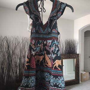 Anthropologie Black and Teal Backless Dress